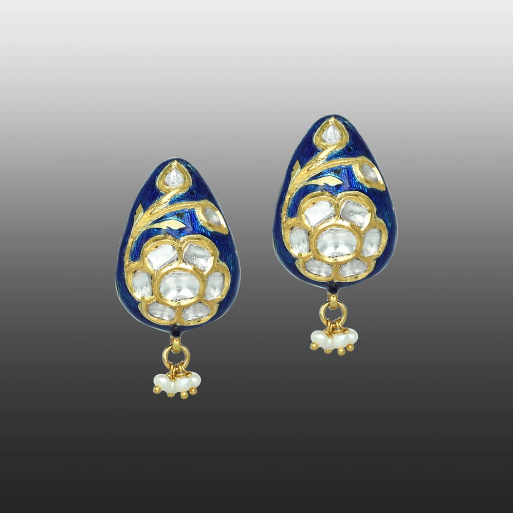 Blue Enamel Polki Earrings with Floral Motif and Pearl Cluster